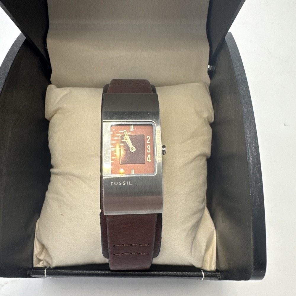 Fossil Watch Women 20mm Silver Tone JR-9675  Brown Leather Cuff New Battery